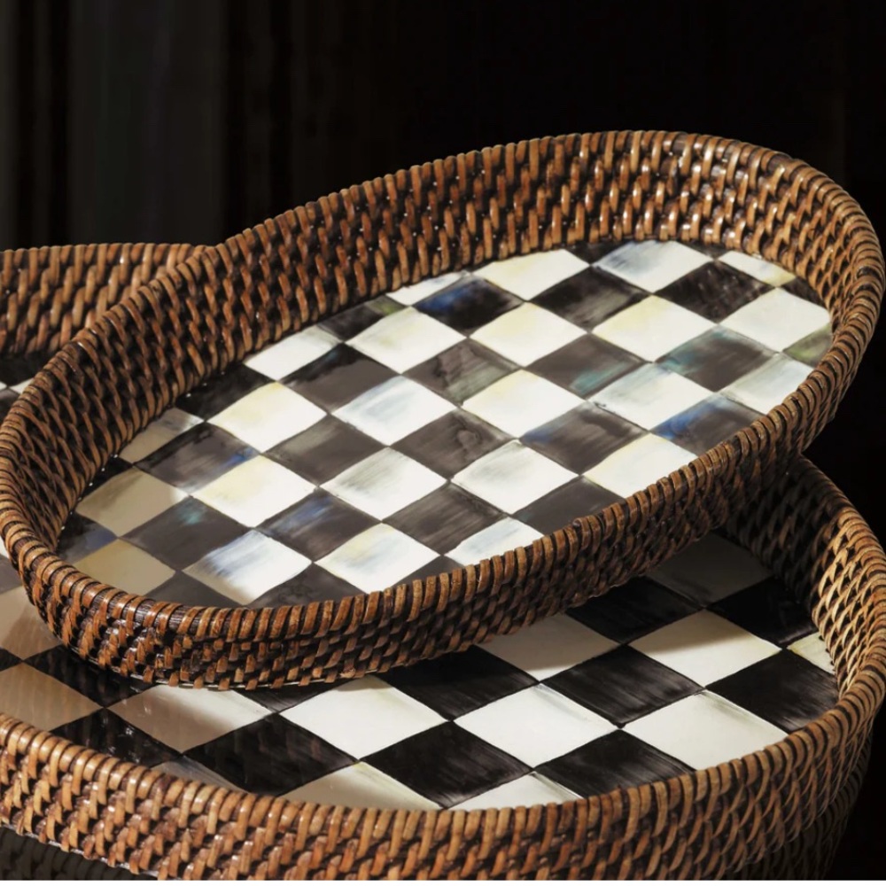 Mackenzie-Childs Courtly Check Rattan & Enamel Serving Tray—SMALL New in Box